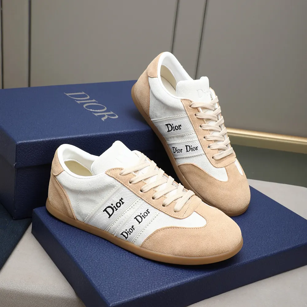 Top-down view showing white and beige calfskin on Dior Unisex Ribbon Sneaker
