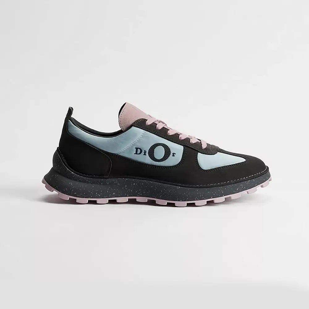 Side profile of Dior Unisex Squash Sneaker Gray and Pink Suede Calfskin