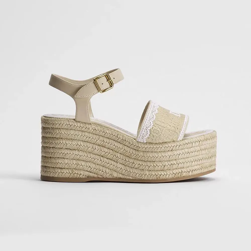 Side view of Dior Women Dentelle Wedge Sandal Trench Dior Oblique Embroidered Cotton and White Lace