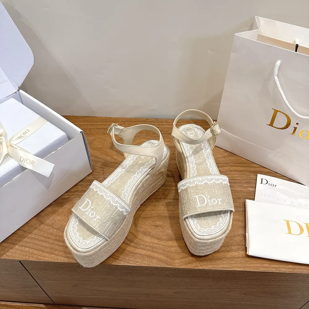 Top angle showing white lace and wedge heel on Dior Women Dentelle Wedge Sandal