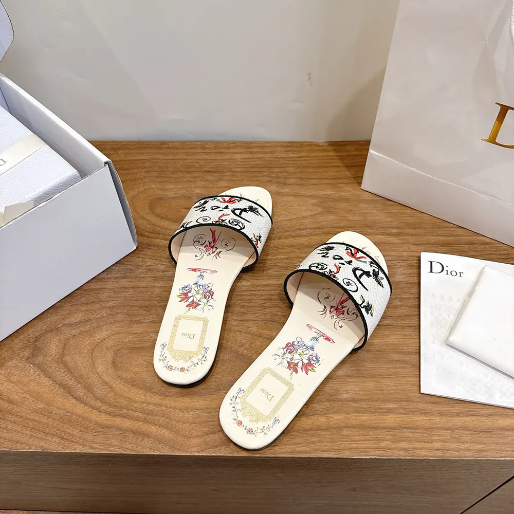 Dior Women Dioriviera Dway Slide White Embroidered Cotton and Multicolor Dior Arabesque Motif - image 7