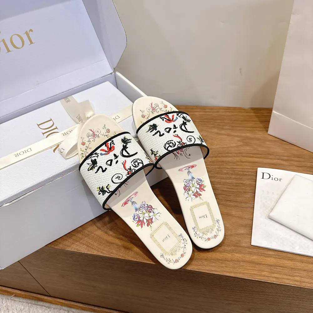 Dior Women Dioriviera Dway Slide White Embroidered Cotton and Multicolor Dior Arabesque Motif - image 5