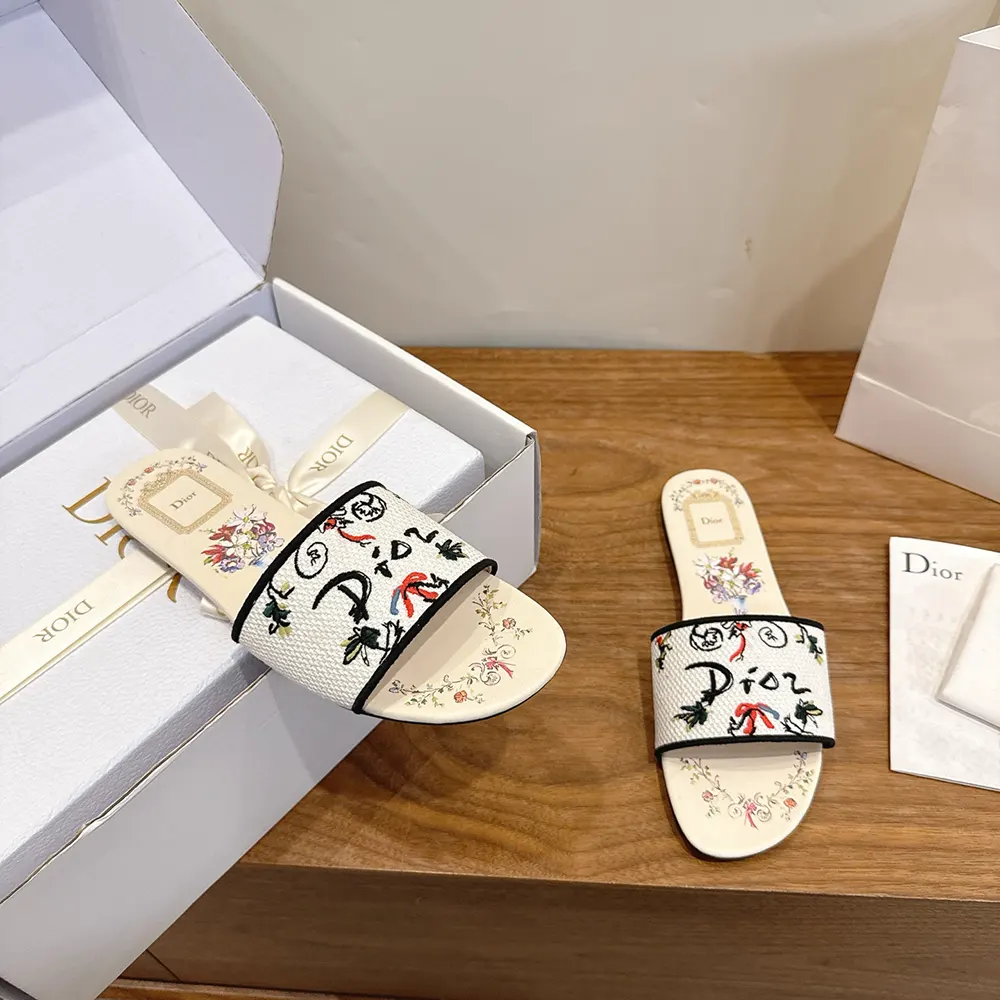 Dior Women Dioriviera Dway Slide White Embroidered Cotton and Multicolor Dior Arabesque Motif - image 6