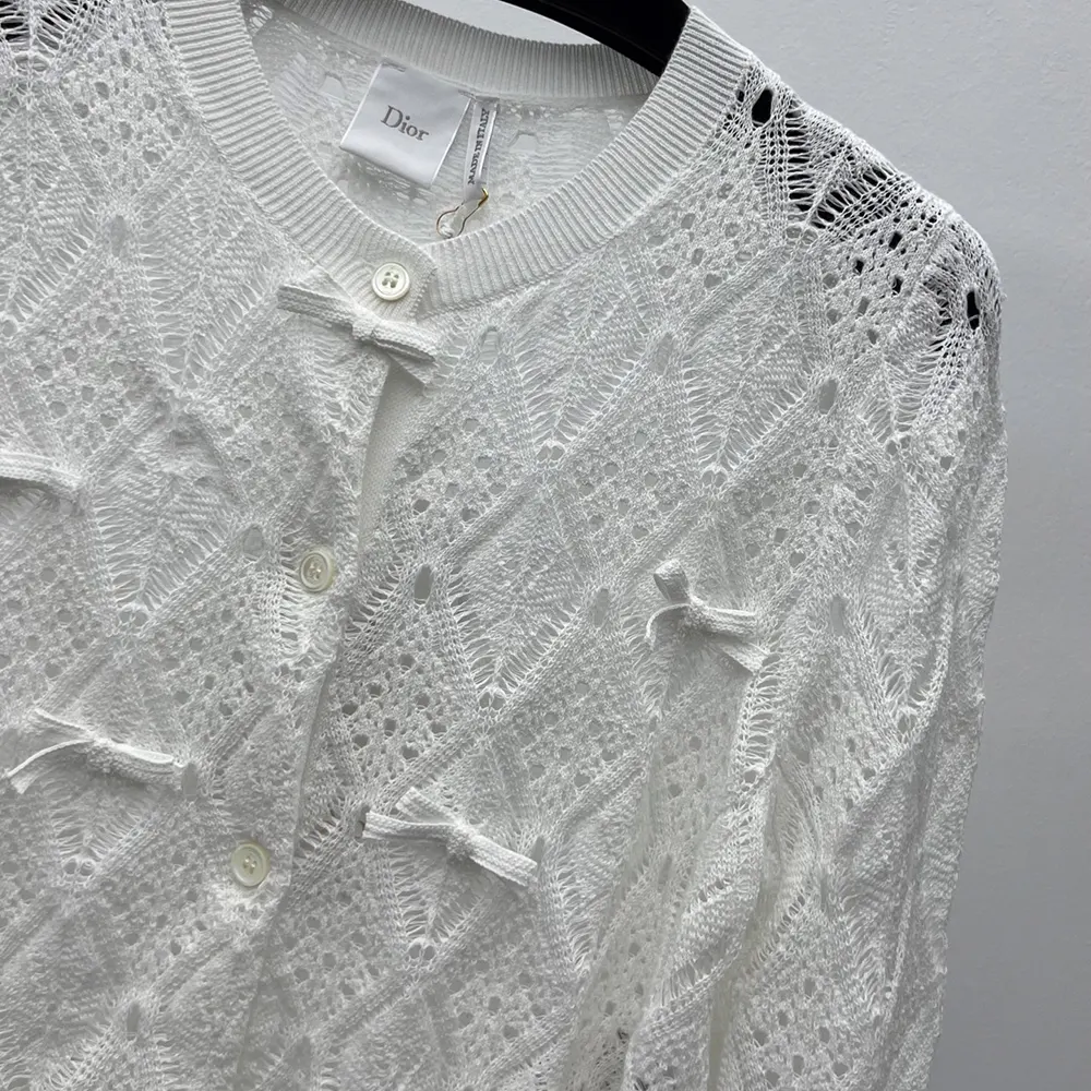 Dior Women Dioriviera Embroidered Cardigan Ecru Openwork Cotton Knit - image 5