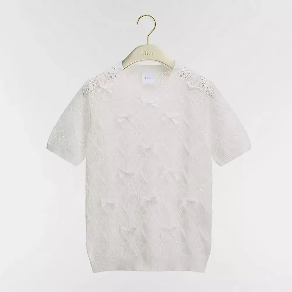 Front view of Dior Women Dioriviera Embroidered Short-Sleeved Sweater in white