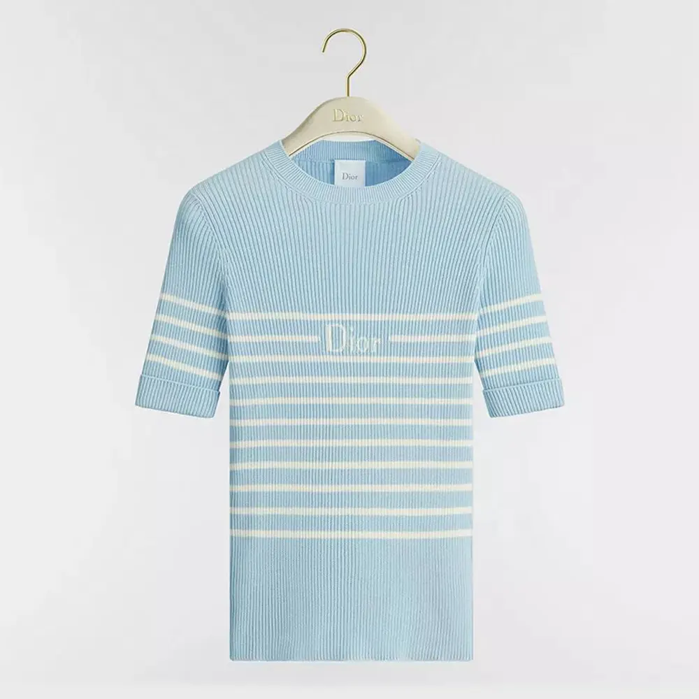 Front view of Dior Women Dioriviera short-sleeved sweater in sky blue