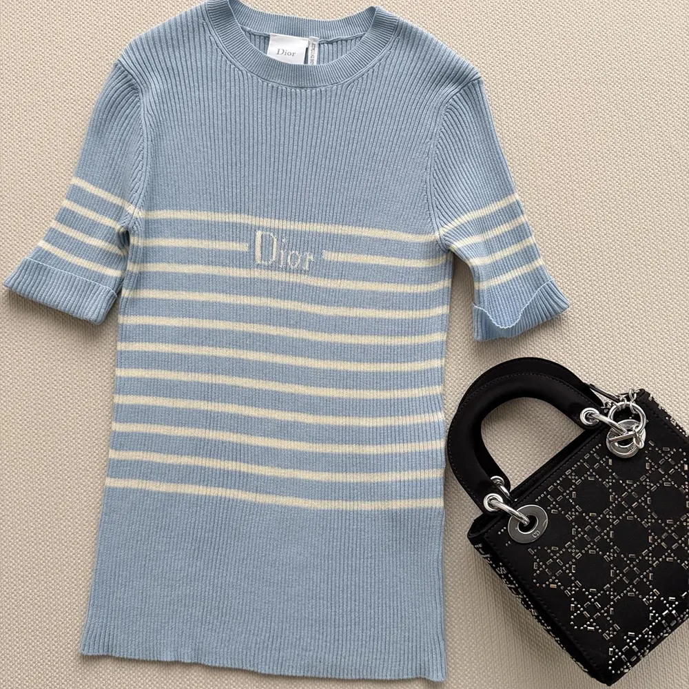 Dior Women Dioriviera Short-Sleeved Fitted Sweater Sky Blue and White D-Stripes Ribbed Cotton Knit - image 4