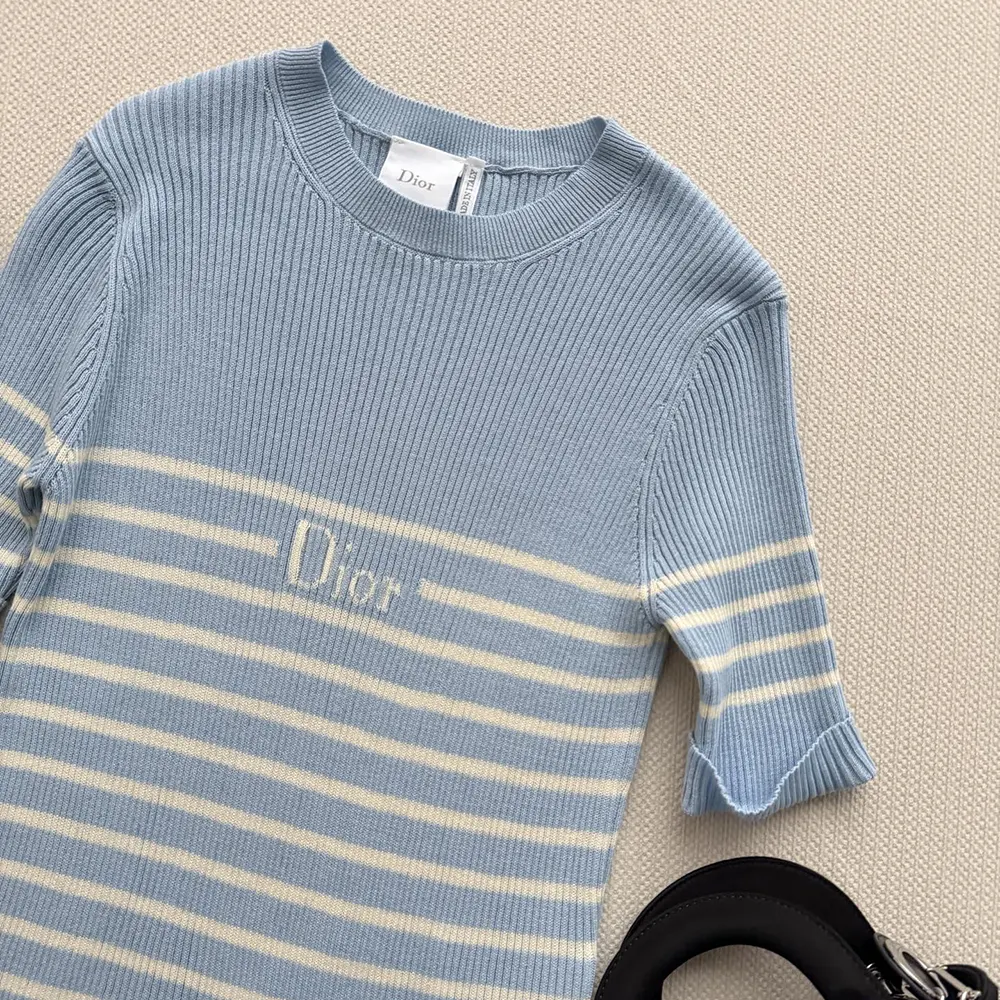 Dior Women Dioriviera Short-Sleeved Fitted Sweater Sky Blue and White D-Stripes Ribbed Cotton Knit - image 5