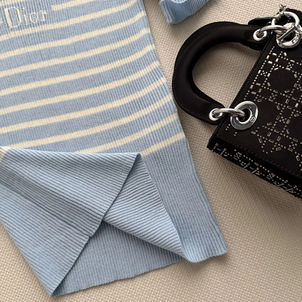 Dior Women Dioriviera Short-Sleeved Fitted Sweater Sky Blue and White D-Stripes Ribbed Cotton Knit - image 6