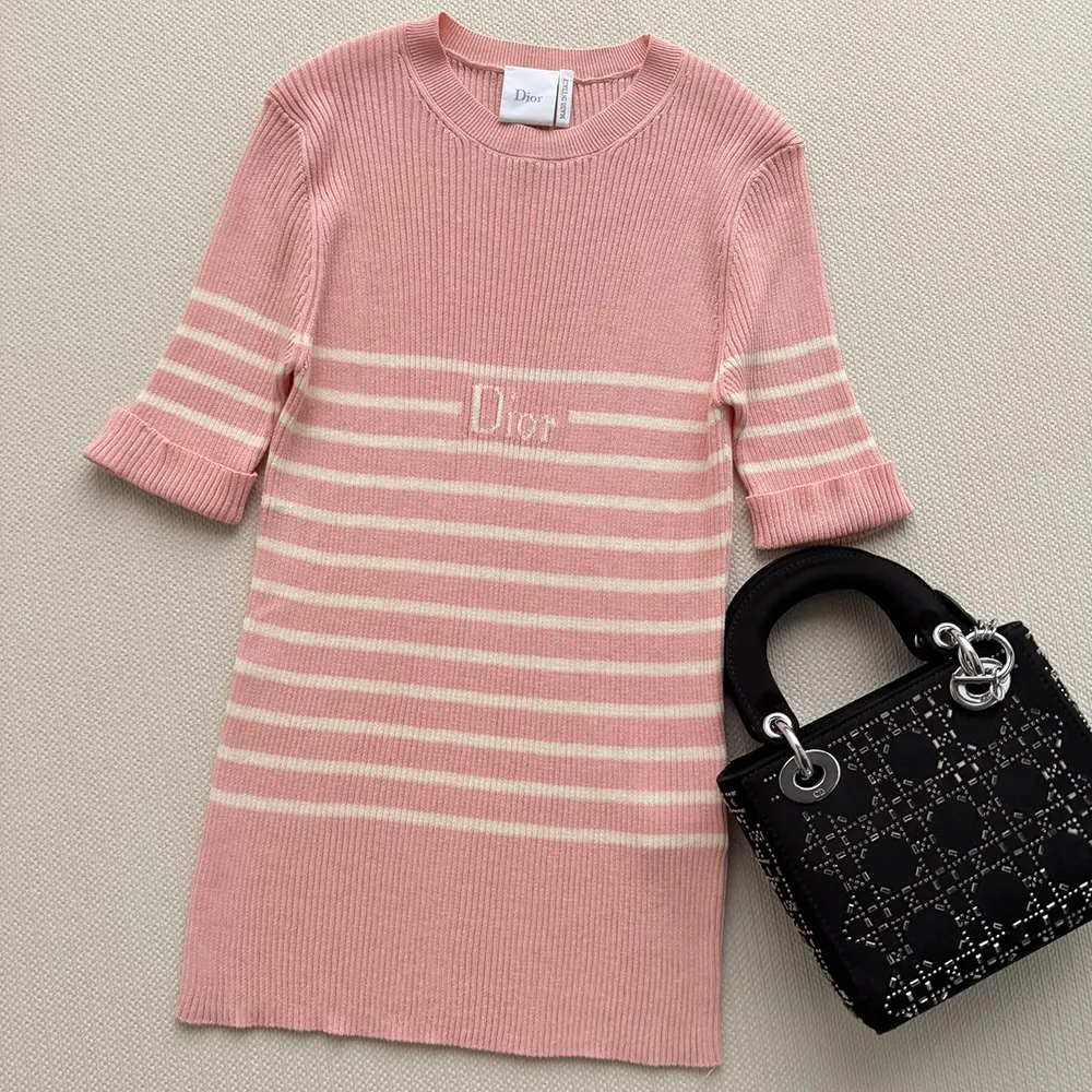 Dior Women Dioriviera Short-Sleeved Fitted Sweater White and Pink D-Stripes Ribbed Cotton Knit - image 4