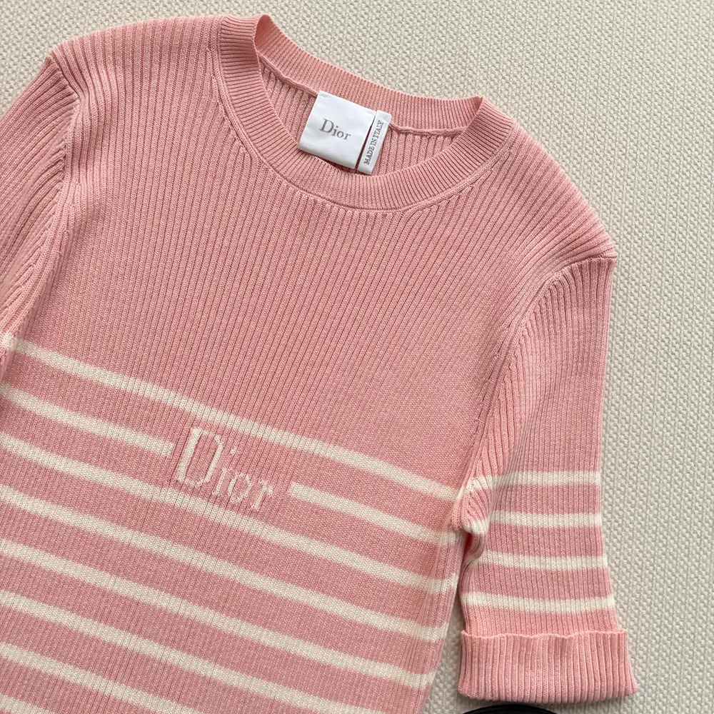 Dior Women Dioriviera Short-Sleeved Fitted Sweater White and Pink D-Stripes Ribbed Cotton Knit - image 5