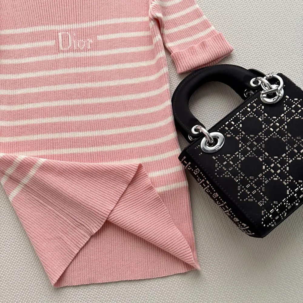 Dior Women Dioriviera Short-Sleeved Fitted Sweater White and Pink D-Stripes Ribbed Cotton Knit - image 6