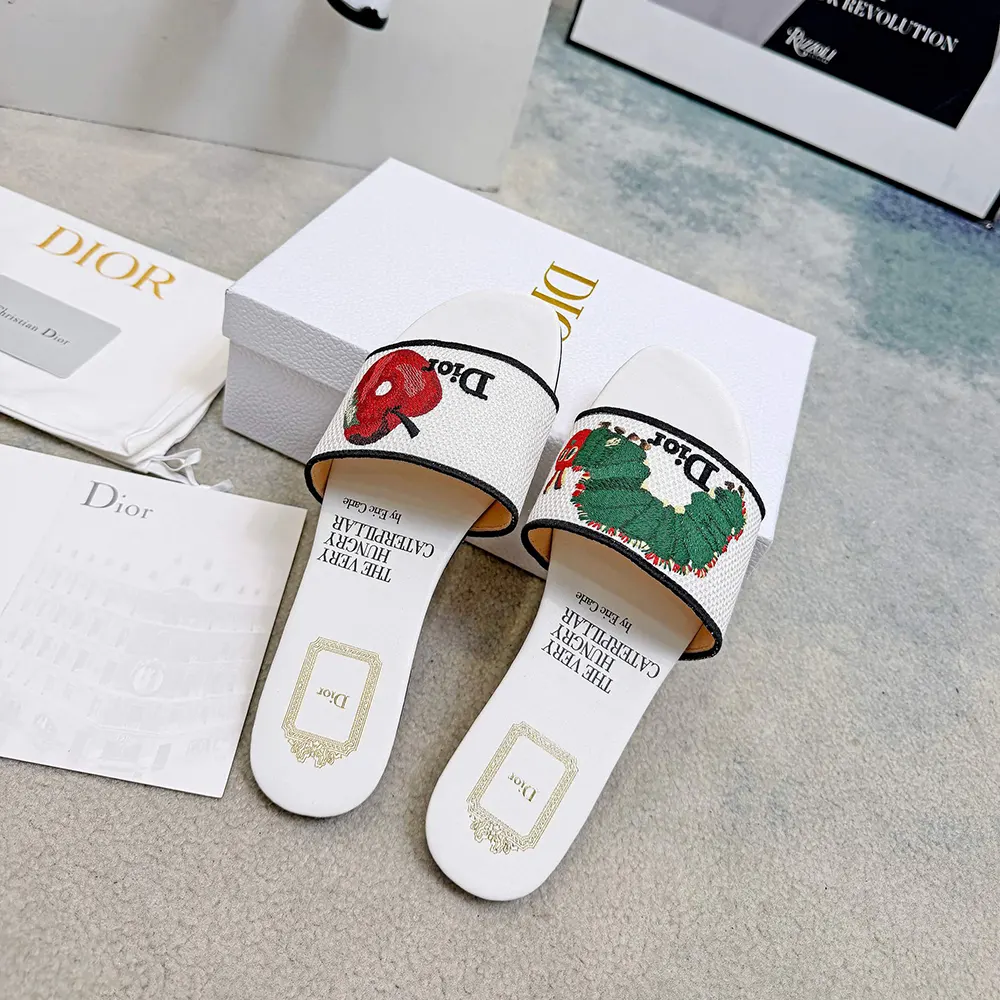 Top-down angle showing open back and white cotton of Dior Women Dway Slide