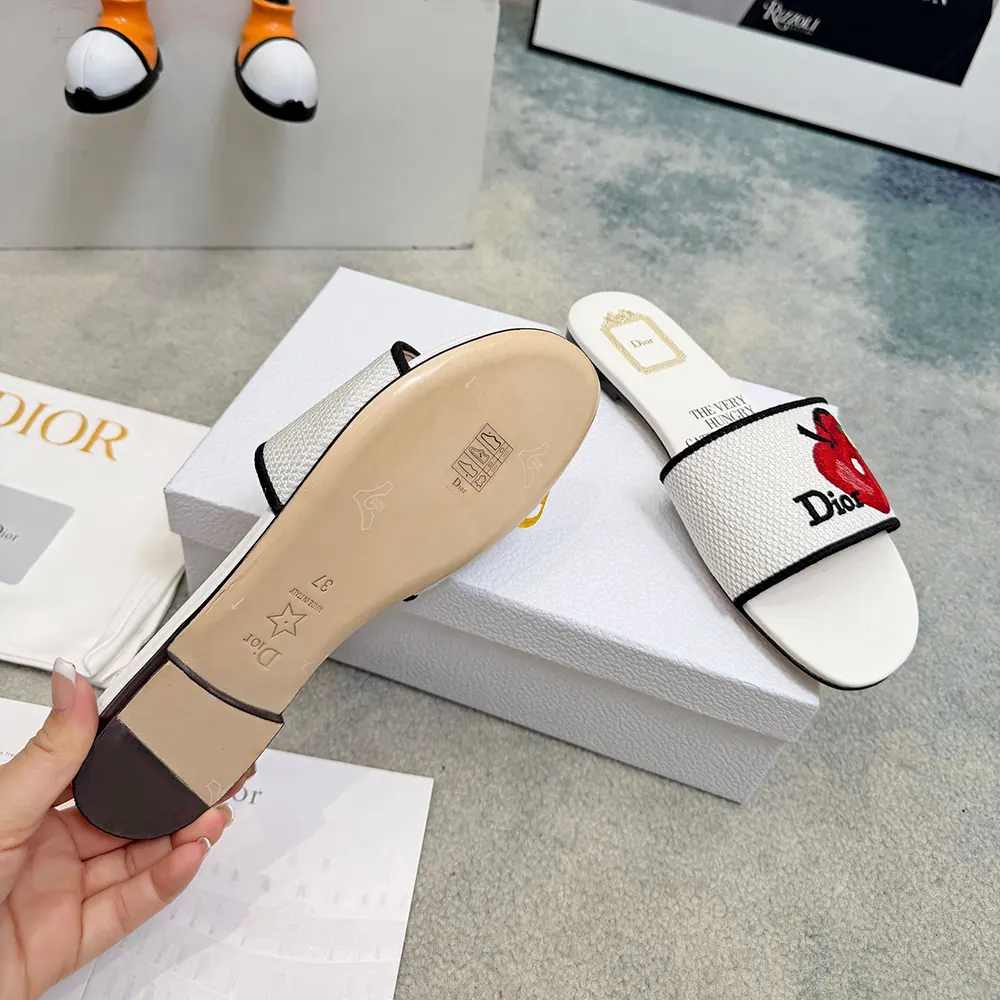 Dior Women Dway Slide White Embroidered Cotton and Multicolor Book Cover Motif - image 9