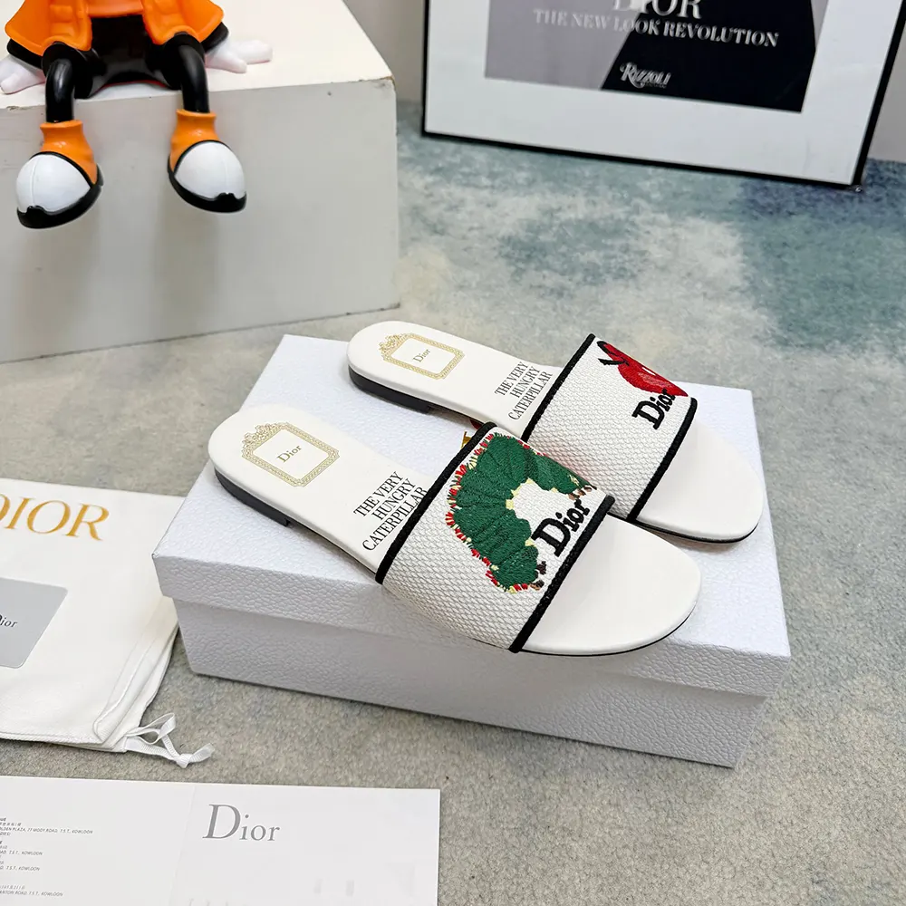 Dior Women Dway Slide White Embroidered Cotton and Multicolor Book Cover Motif - image 5