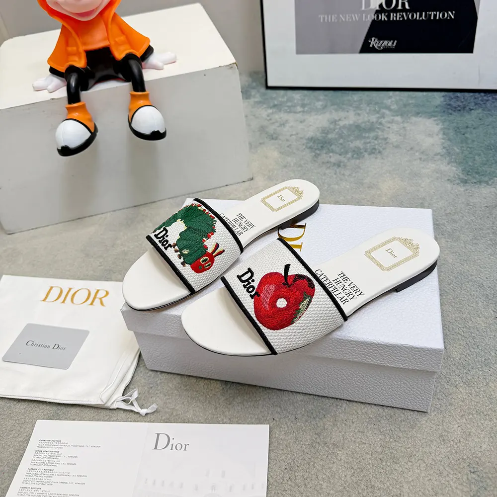 Dior Women Dway Slide White Embroidered Cotton and Multicolor Book Cover Motif - image 4