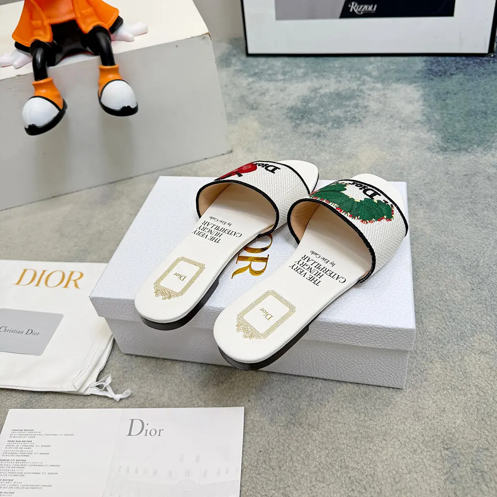 Dior Women Dway Slide White Embroidered Cotton and Multicolor Book Cover Motif - image 6