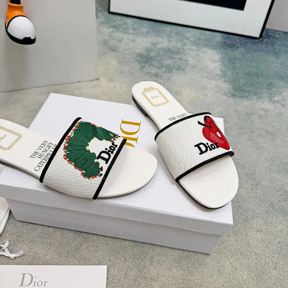 Dior Women Dway Slide White Embroidered Cotton and Multicolor Book Cover Motif - image 7