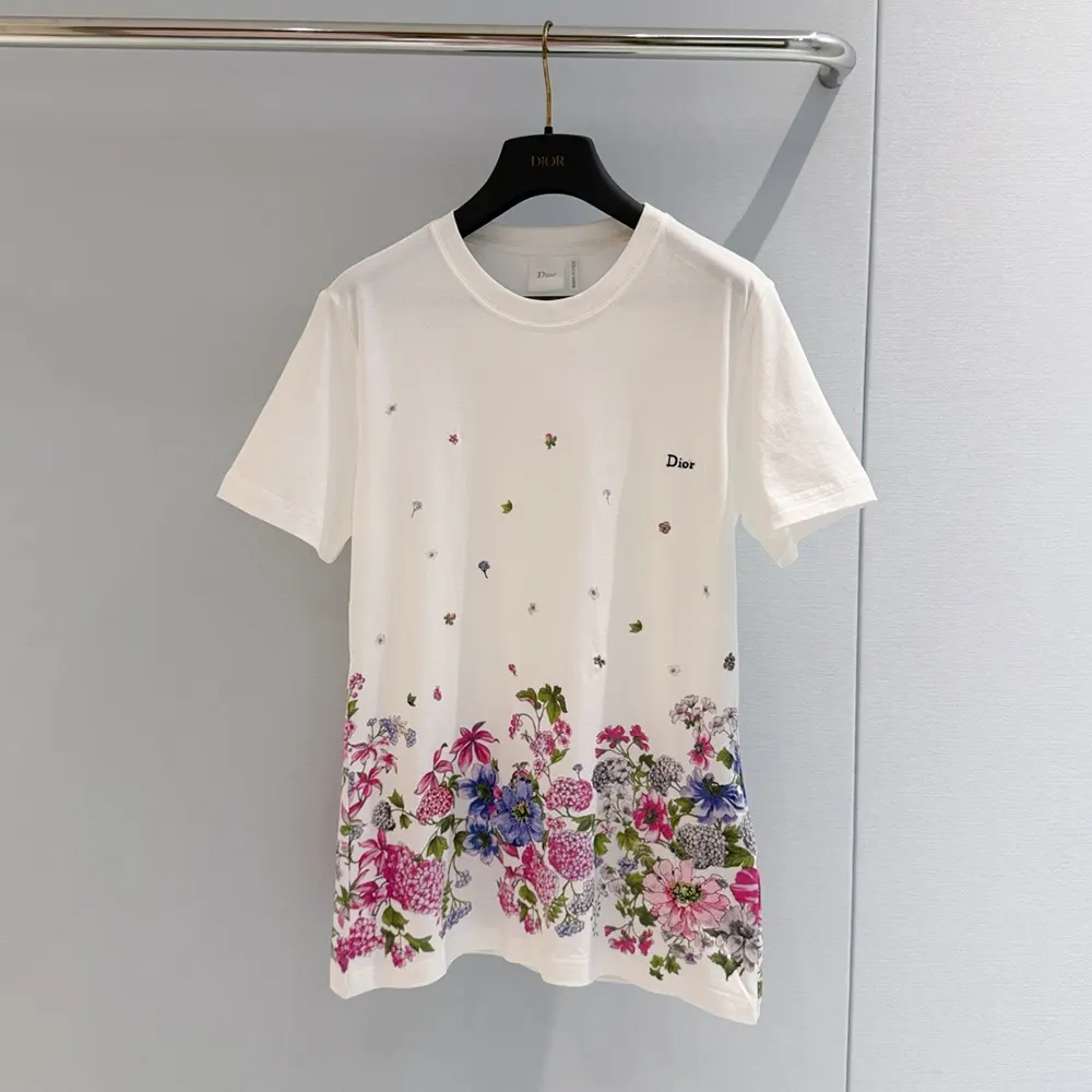 Close-up of multicolor Dior Hortensia garden embroidery detail