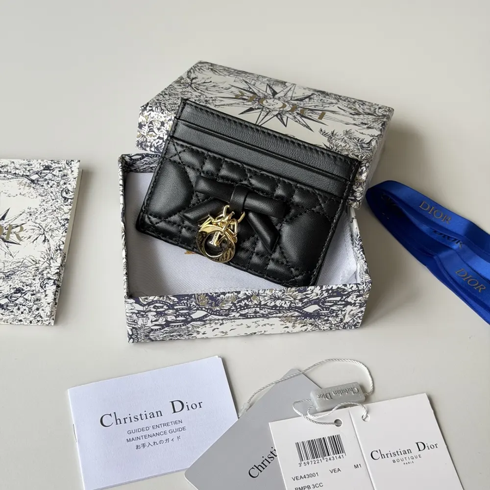 Side angle showing slim profile of Dior Women Lady Dior Freesia card holder