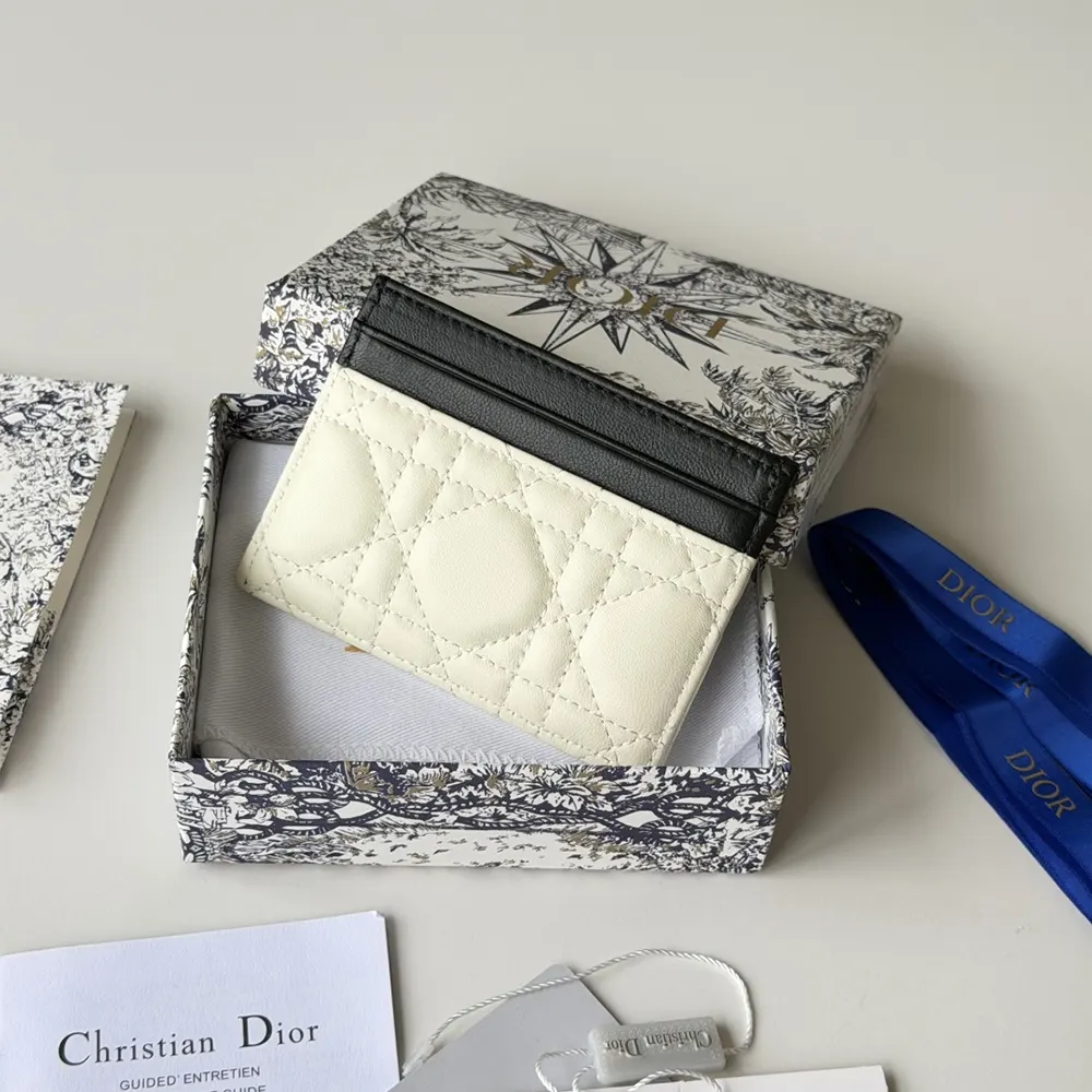 Side angle showing slim profile of Dior Women Lady Dior Freesia Card Holder