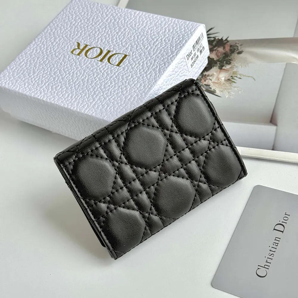 Side profile showing the snap closure and silver hardware of Dior wallet