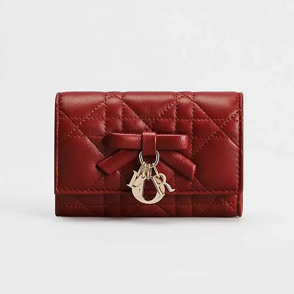 Front view of Dior Women Lady Dior Glycine Wallet Garance Red Lambskin