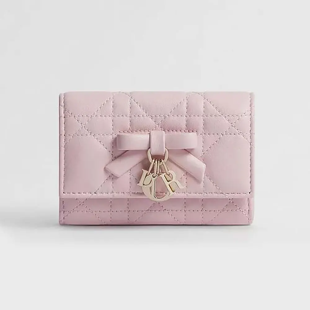 Front view of Dior Women Lady Dior Glycine Wallet Rose Tendre Cannage Lambskin