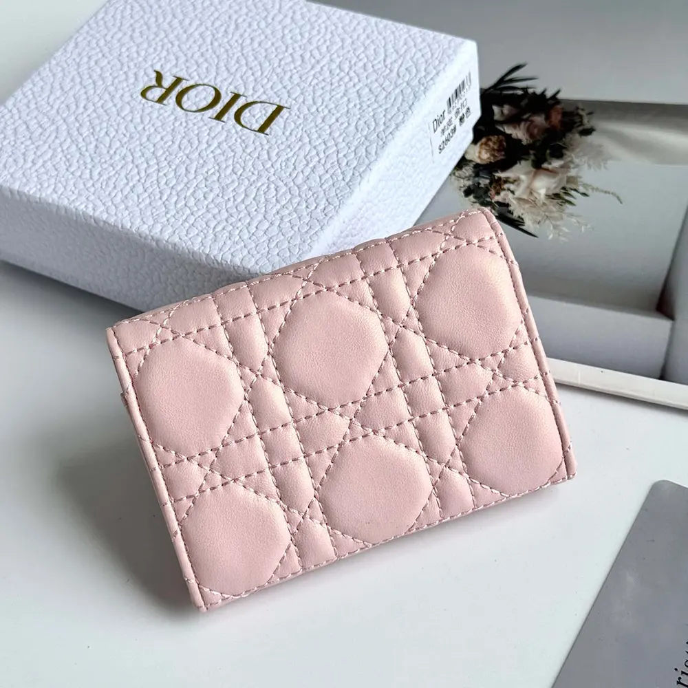 Side profile showing slim silhouette of Dior Women Lady Dior Glycine Wallet
