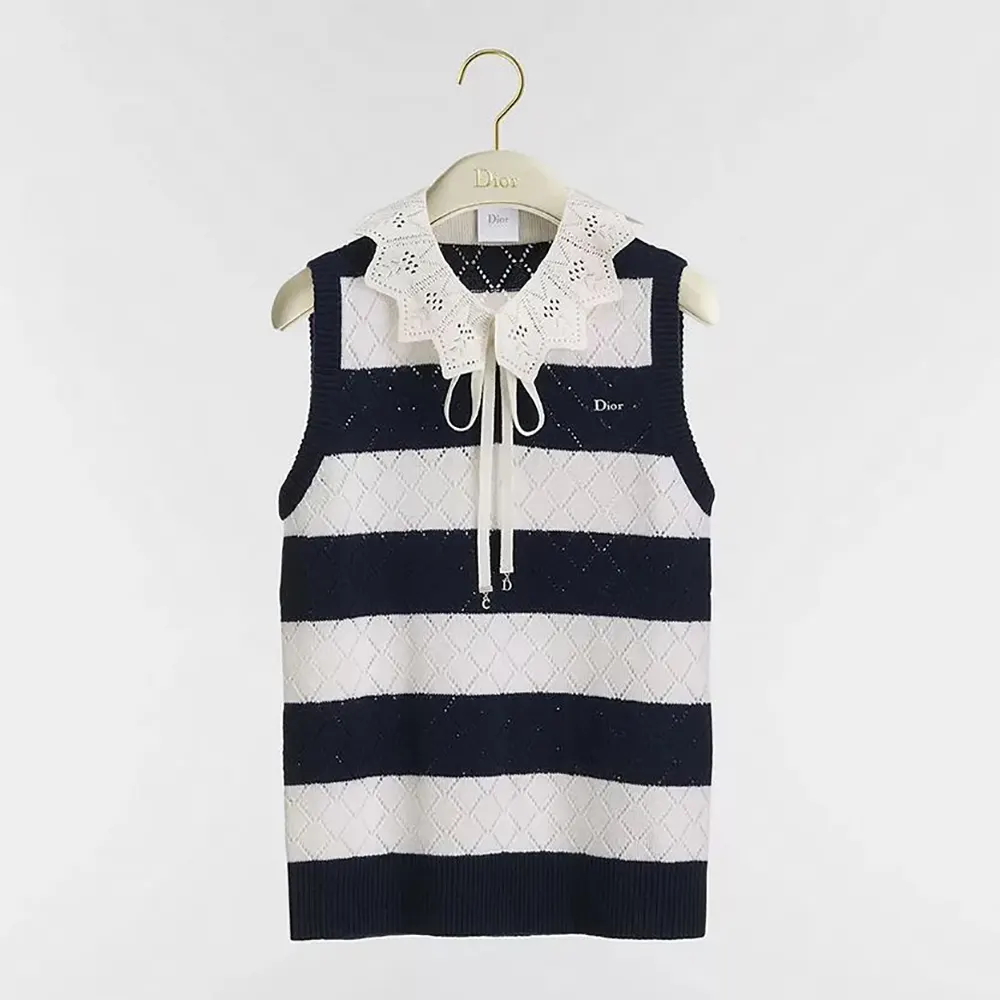Front view of Dior Women Marinière Sweater Vest White and Navy Blue