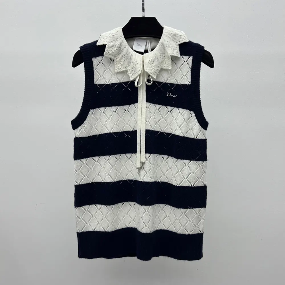 Side angle showing relaxed fit of Dior Women Marinière Sweater Vest