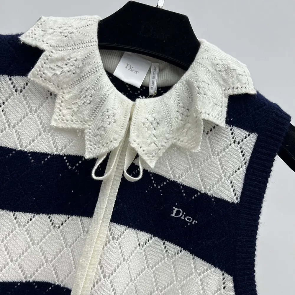 Dior Women Marinière Sweater Vest White and Navy Blue Openwork Cashmere Knit - image 5