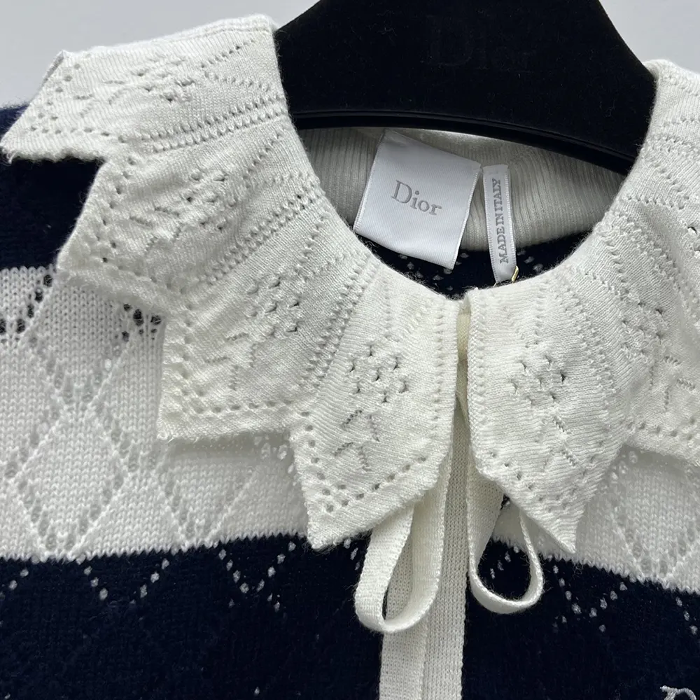 Dior Women Marinière Sweater Vest White and Navy Blue Openwork Cashmere Knit - image 6