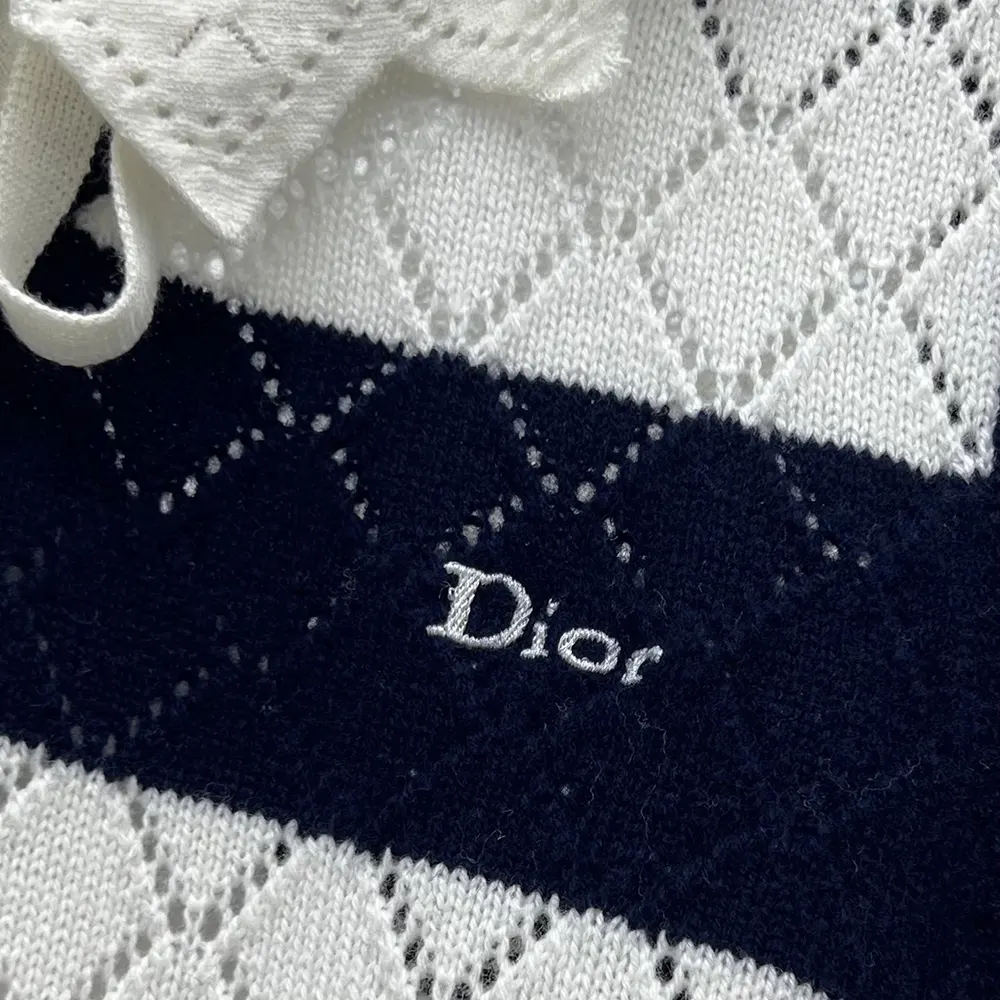 Dior Women Marinière Sweater Vest White and Navy Blue Openwork Cashmere Knit - image 9