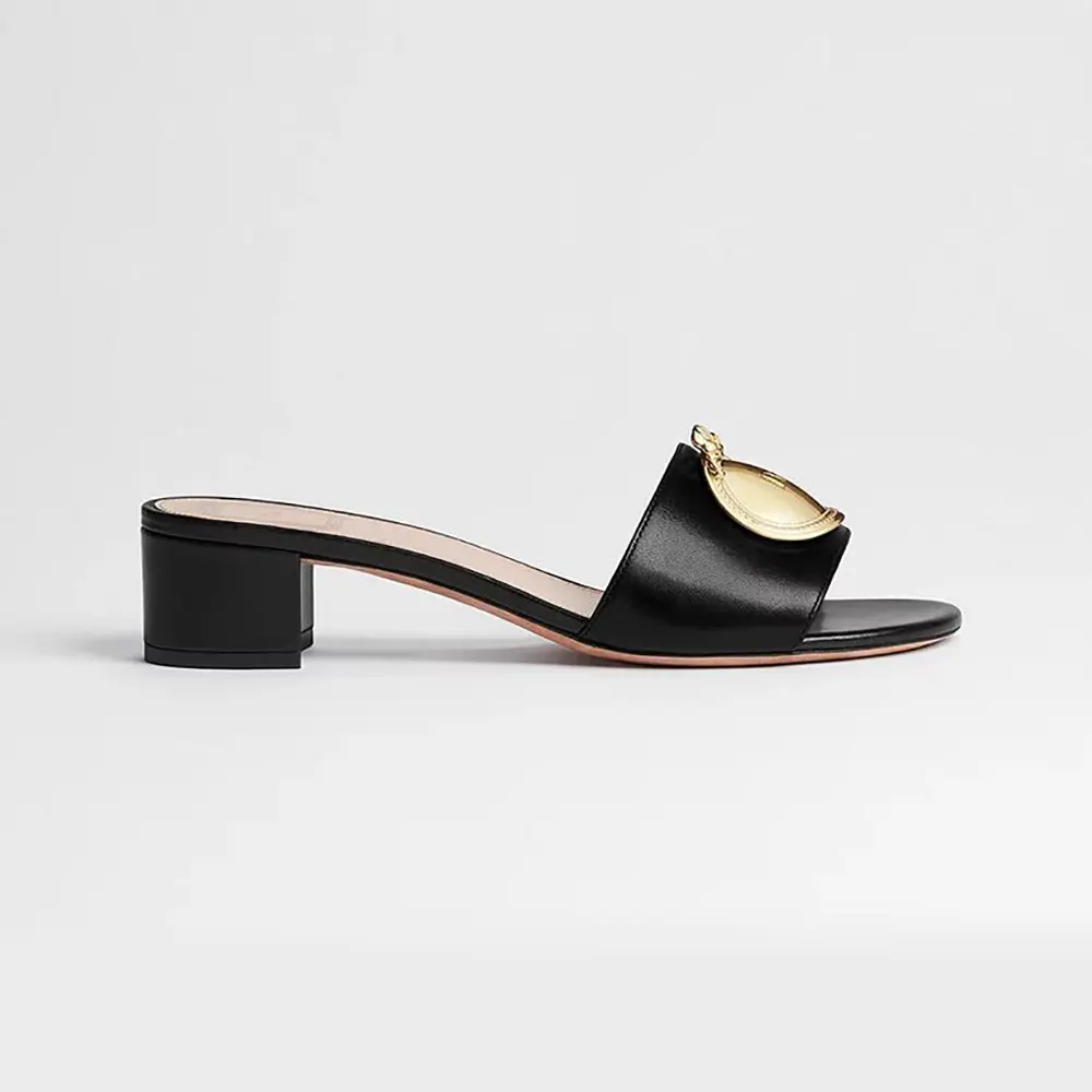Front angle of Dior Women Médaillon Buckle Heeled Slide Black Lambskin