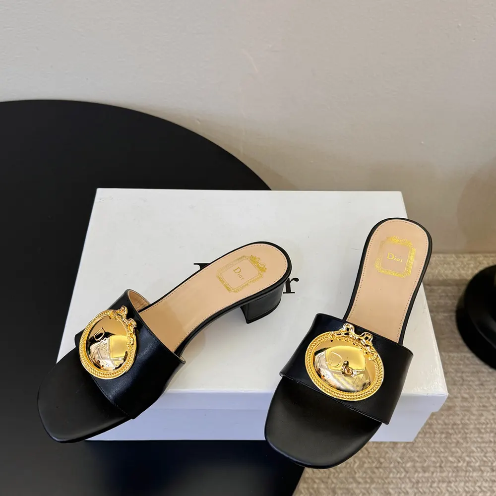 Dior Women Médaillon Buckle Heeled Slide Black Lambskin - image 4