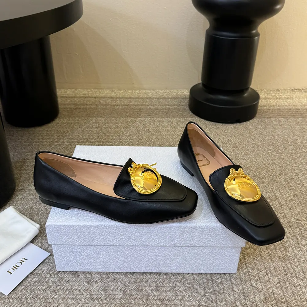Overhead view showcasing black lambskin texture of Dior Women Médaillon Buckle Loafer