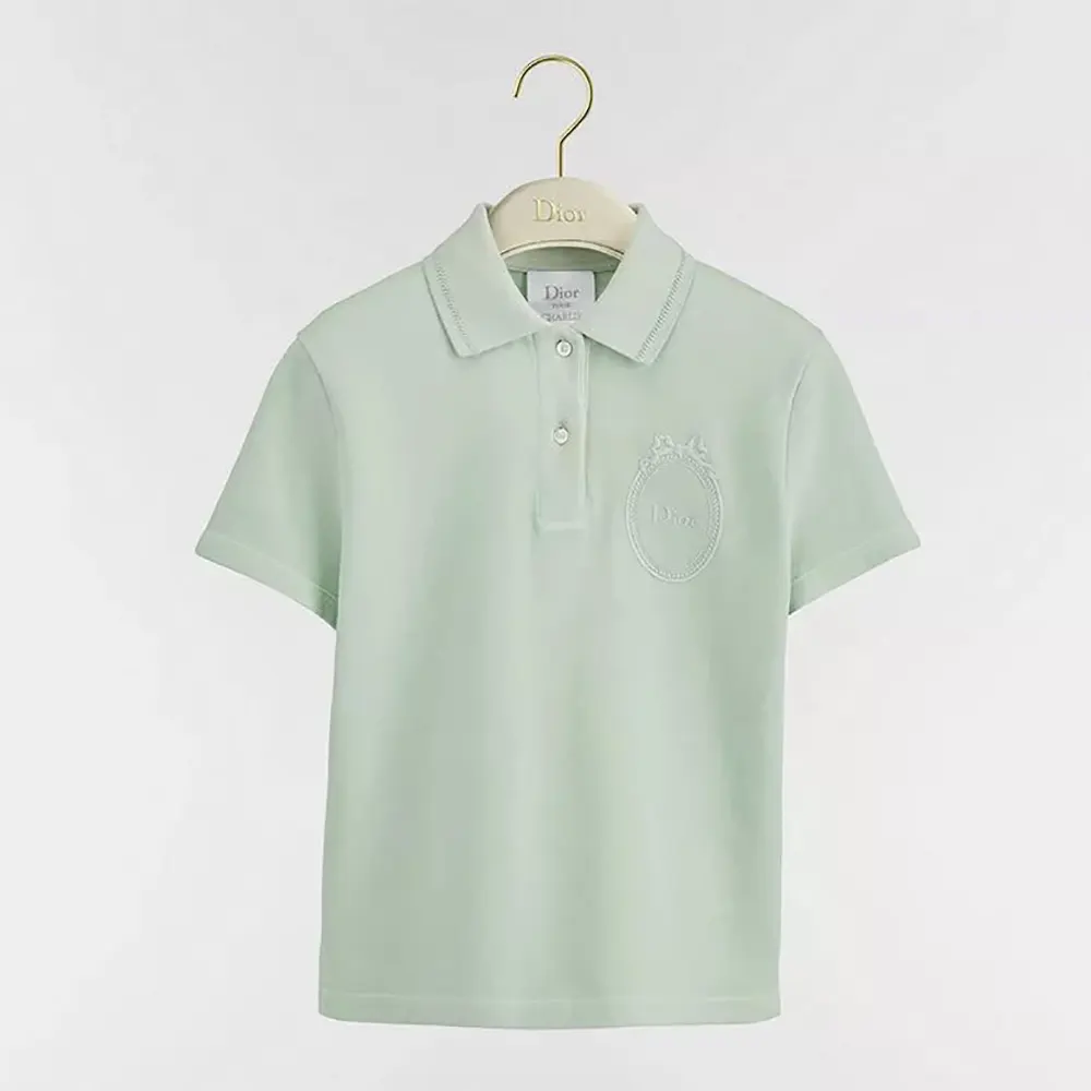 Front view of Dior Women Médaillon Embroidered Polo Shirt Green Cotton-Blend Piqué