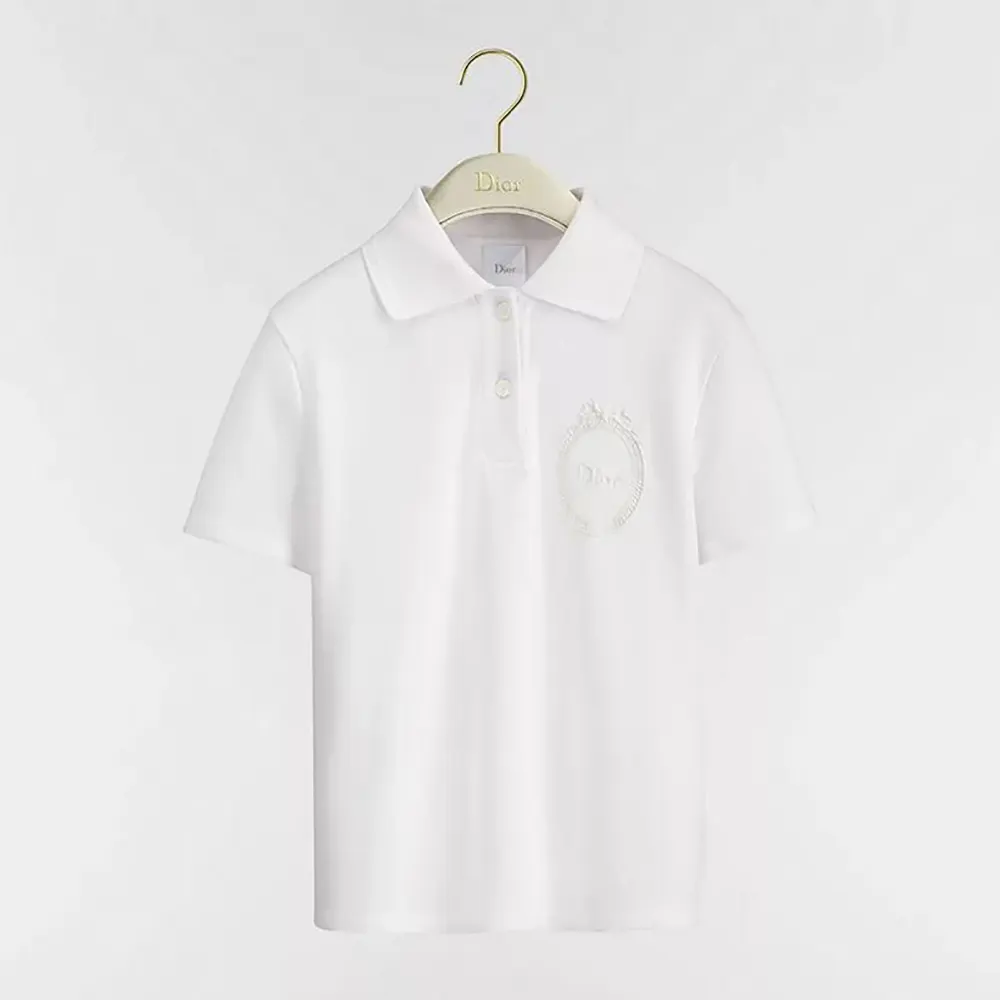 Front view of Dior Women Médaillon Embroidered Polo Shirt in white