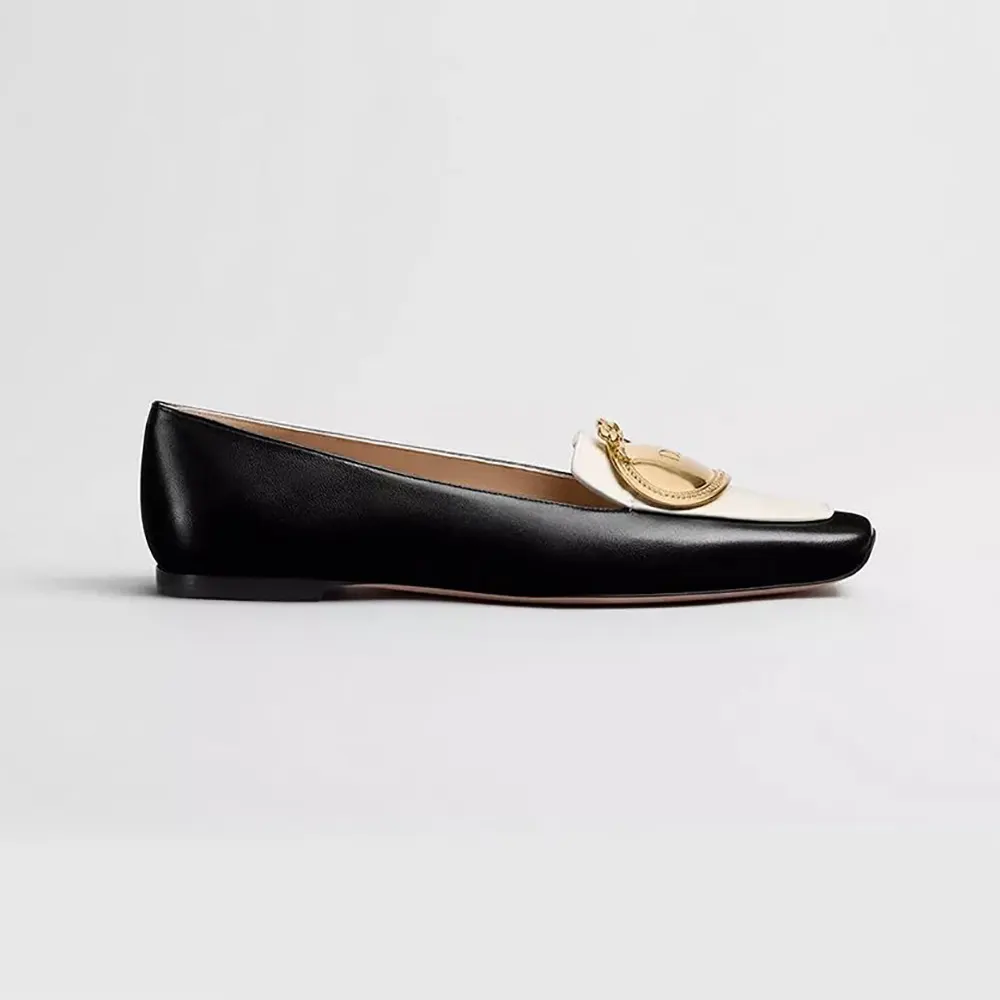 Side view of Dior Women Médaillon Loafer Black and White Lambskin