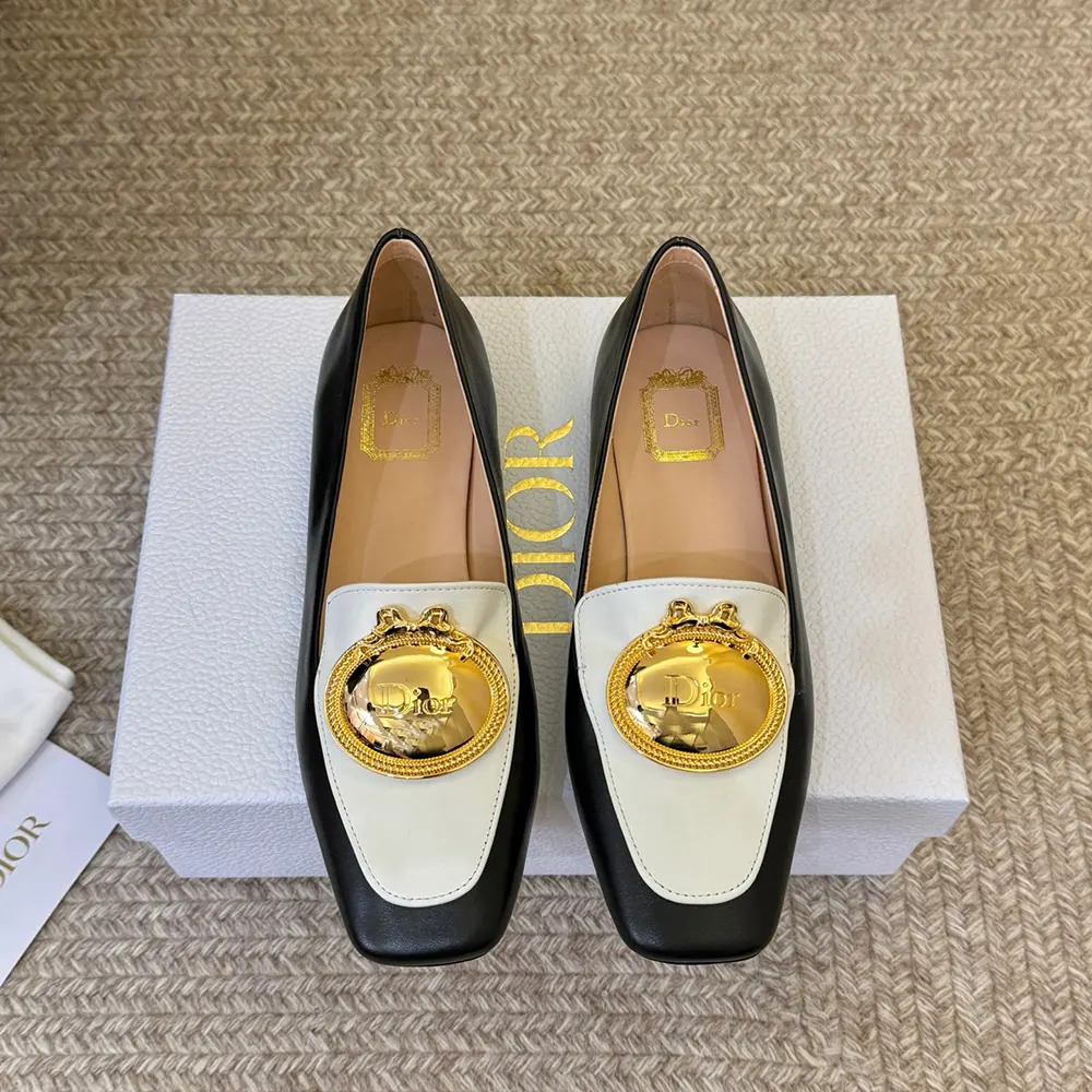 Close-up on Dior medallion hardware detail on loafer