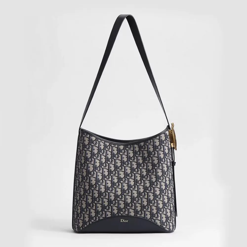 Front view of Dior Women Medium Dior Médaillon Bucket Bag Blue Dior Oblique Jacquard