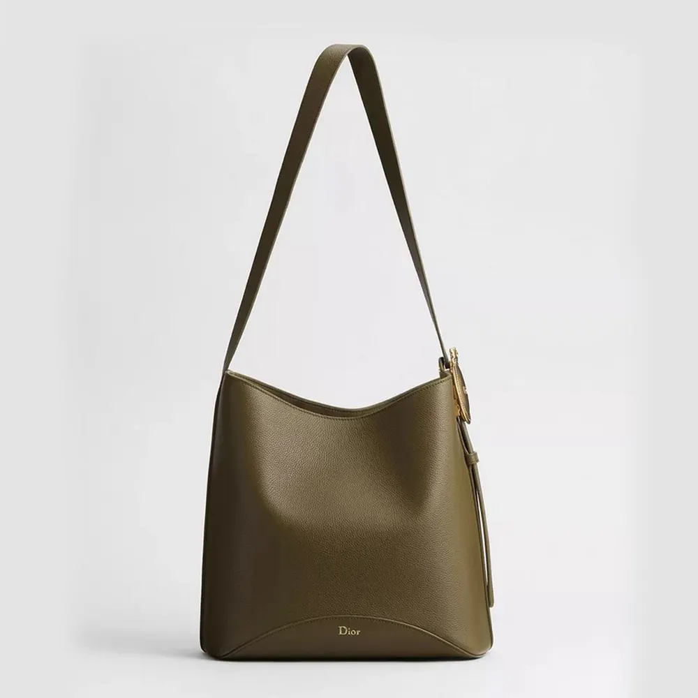 Front view of Dior Women Medium Dior Médaillon Bucket Bag Khaki Grained Calfskin