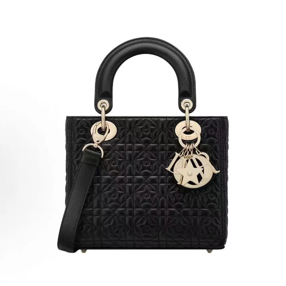 Front view of Dior Women Lady Dior Dioramour Bag Black Cannage Lambskin with Star Motif