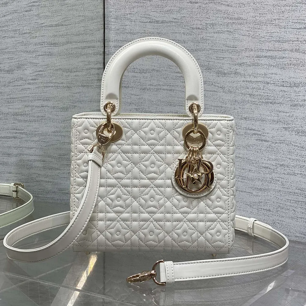Close-up of white lambskin and star motif on Lady Dior Dioramour Bag