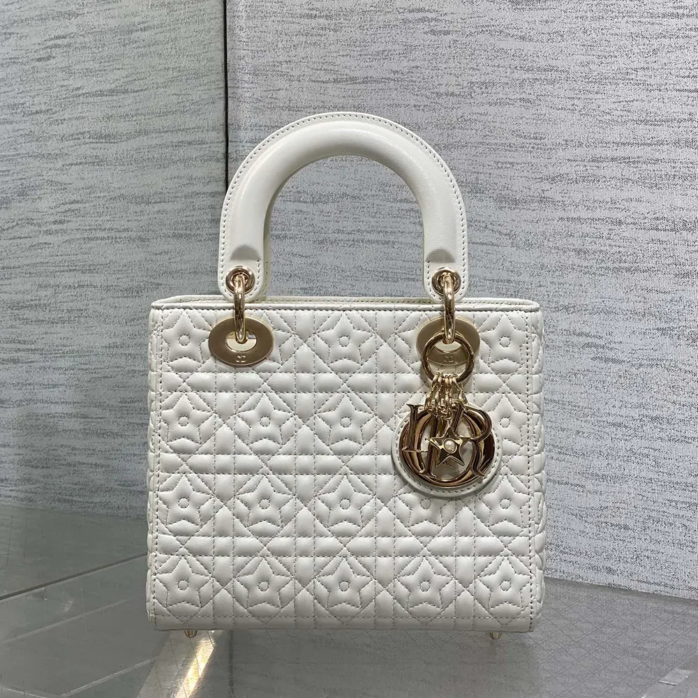 Side angle showing silver hardware and adjustable strap on Dior Lady Dior Dioramour Bag