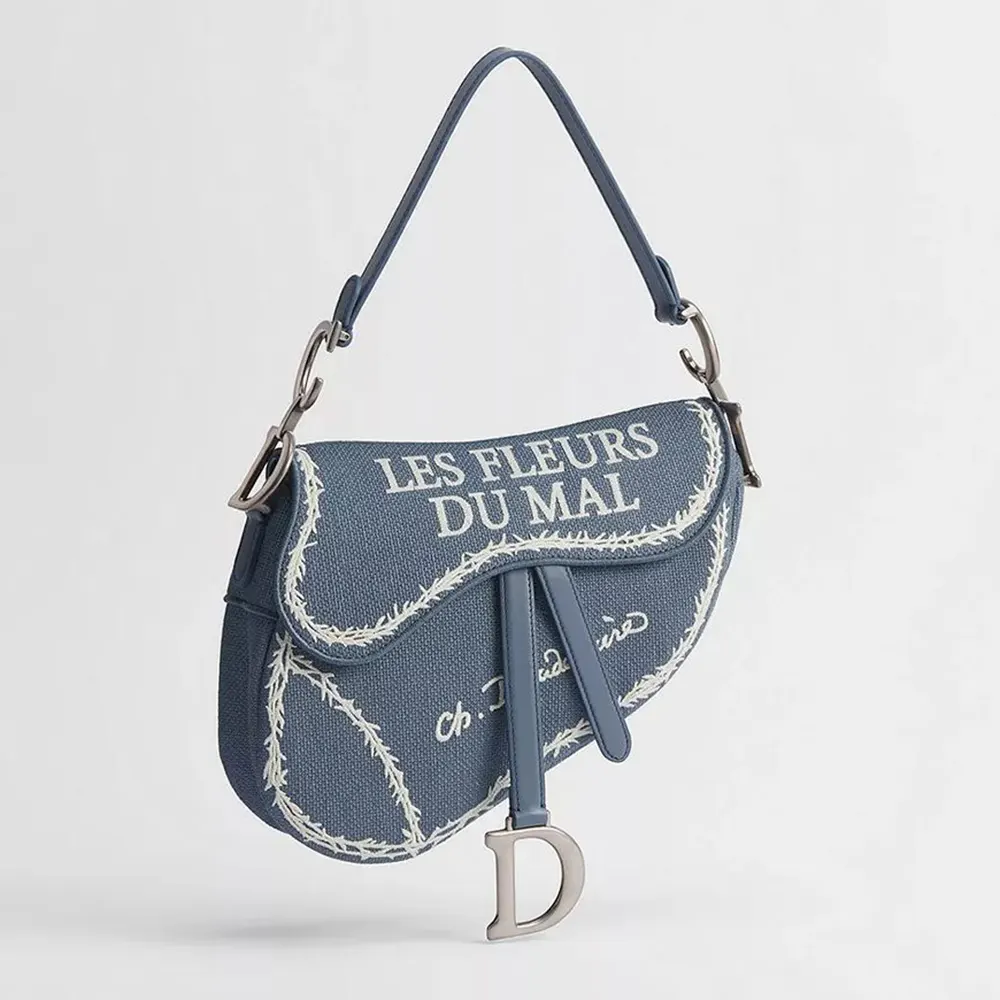 Front view of Dior Women Saddle Bag with Strap Blue and White Book Cover Embroidery