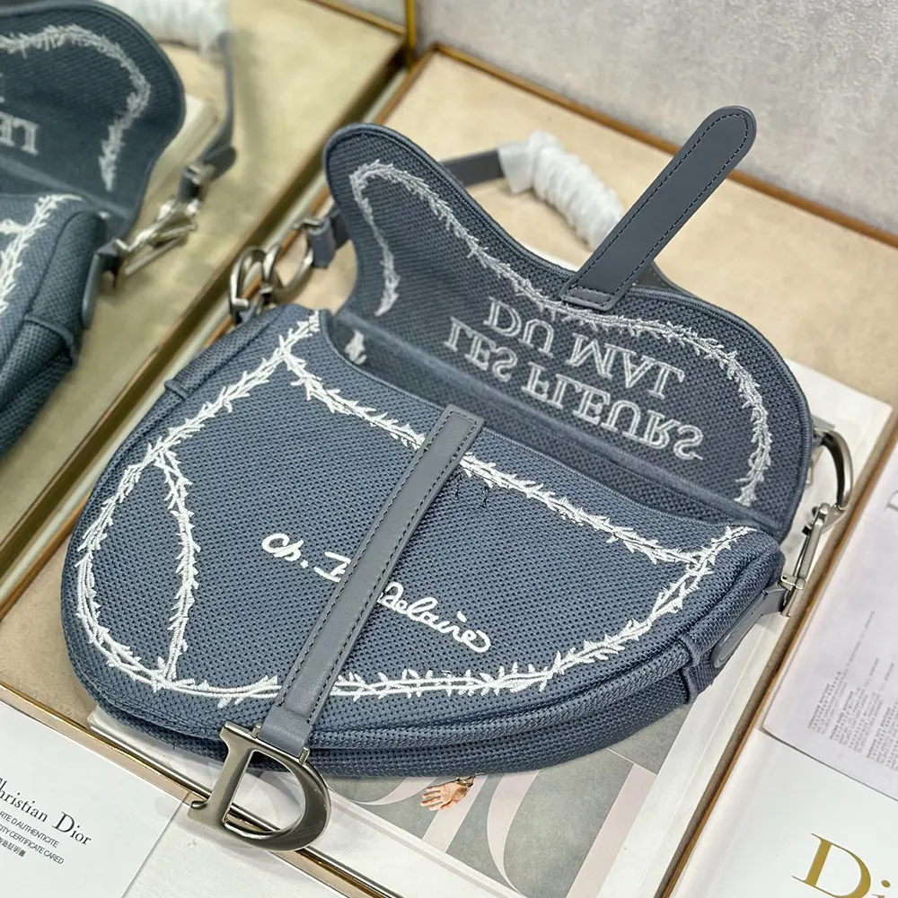 Dior Women Saddle Bag with Strap Blue and White Book Cover Embroidery - image 4
