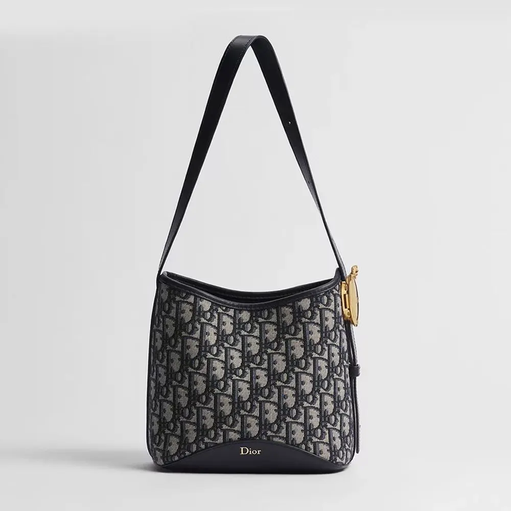 Front angle of Dior Women Small Dior Médaillon Bucket Bag Blue Dior Oblique Jacquard
