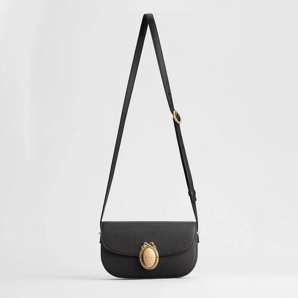 Front angle of Dior Women Small Dior Médaillon Flap Bag Black Grained Calfskin